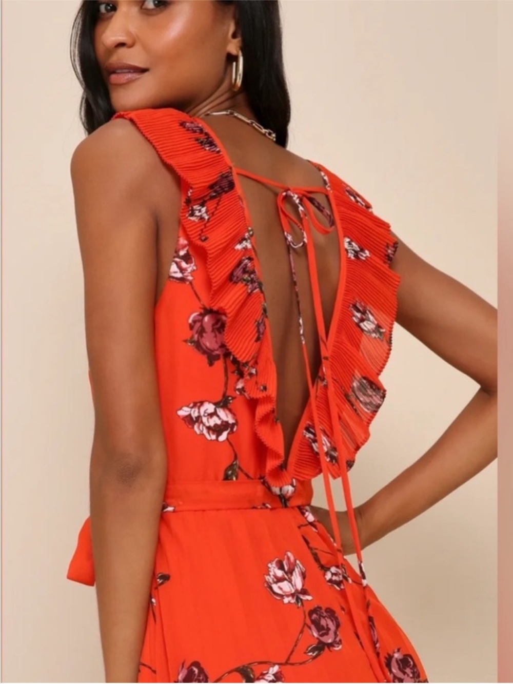 Lulus Red Orange Floral Pleated Chiffon Maxi Dress Open Back Size M - Picture 6 of 13